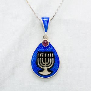Menorah Jewish Pendant with Garnet, Sterling Silver Necklace Cobalt Blue Enamel, Judaica Jewelry Hanukkah Gift for Men Women, Jewish Charm
