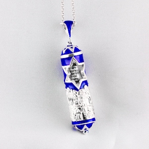 Mezuzah Necklace Jerusalem with Star of David, Jewish Pendant for Men Sterling Silver Necklace Blue Pendant Jerusalem Jewish Jewelry for Her