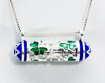 Mezuzah Necklace Shamrock Green Irish Clover Blue Stars of David Sterling Silver Horizontal Jewish Pendant with Hebrew Scroll for Him / Her