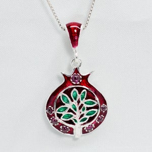 Pomegranate Pendant, Tree of Life Necklace, Sterling Silver and Garnets Jewish Jewelry Lucky Charm, Burgundy Pomegranate Jewelry Mother Gift
