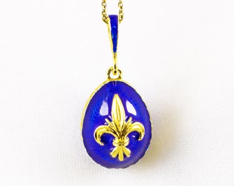 Fleur-de-Lis Anhänger, Guilloche Königsblau Emaille Schmuck Ei Anhänger Sterling Silber 24 K Gold Vermeil Ei Anhänger Schmuck Geschenk für Sie / Ihn