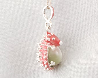 Hedgehog Pink Pendant, Sterling Silver Animals Necklace, Miniature Jewelry Figurine Hedgehog Collector Gift