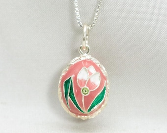 Rosa Tulpe Halskette, Blume Anhänger, Emaille Tulpe Schmuck, Sterling Silber Anhänger, Floral rosa Anhänger, zierliche Charme Halskette Geburtstagsgeschenk