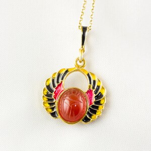 Carnelian Cameo Scarab Pendant, Enameled Sterling Silver, Egyptian Beetle Lucky Charm, Gold Vermeil Protection Necklace