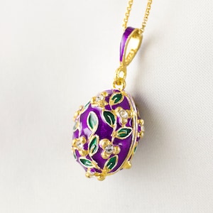 Purple Green Pendant, Floral Enamel Jewelry Egg Necklace with Crystals , Sterling Silver 24K Gold Vermeil