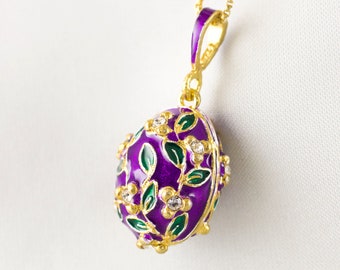 Purple Green Pendant, Floral Enamel Jewelry Egg Necklace with Crystals , Sterling Silver 24K Gold Vermeil