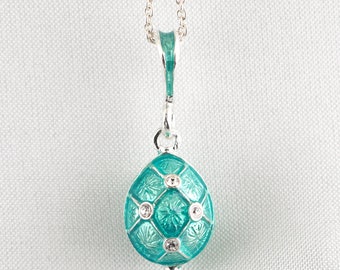 Miniature Teal Egg Pendant, 925 Sterling Silver, Enamel, Clear Crystals Minimalist Charm Necklace, Collectible Easter Gift