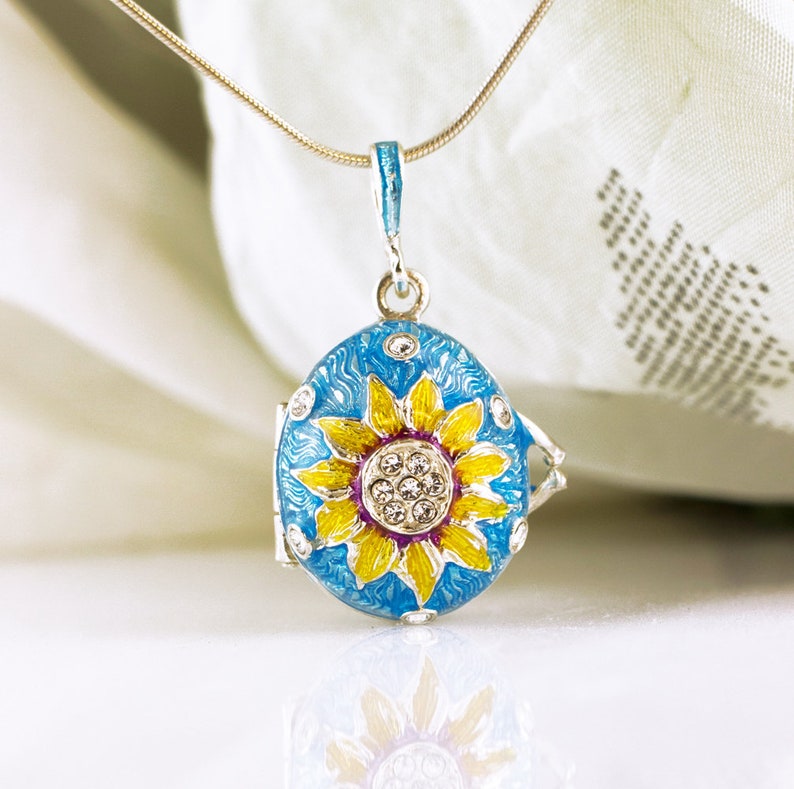 Sunflower Locket Jewelry Necklace w Heart Sunflower Sterling Silver Egg Pendant Green Gold Enamel Jewelry Mother Birthday Gift for Her