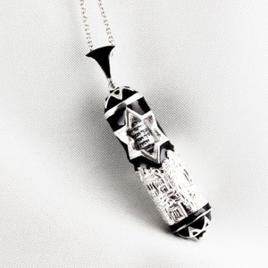 Jerusalem Black Mezuzah Necklace with Star of David, Jewish Pendant with Shema Prayer, Sterling Silver Gift for Him Her