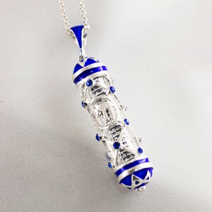 Chai Mezuzah Pendant, Jewish Jewelry, Hebrew Prayer Scroll Shema Necklace, 925 Silver Judaica Blue Pendant