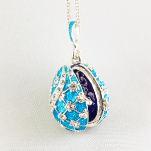Locket Necklace with Guardian Angel Surprise, Sterling Silver Turquoise Enamel Egg Pendant with Crystals Gift For Mom