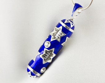 Mezuzah Necklace Blue Star of David, Sterling Silver Judaica Pendant, Jewish Jewelry Kabbalah Pendant for Him / Her, Hebrew Charm