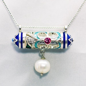 Mezuzah Floral Necklace with Pearl, Jewish Jewelry Horizontal Hebrew Pendant, Sterling Silver Judaica for Her