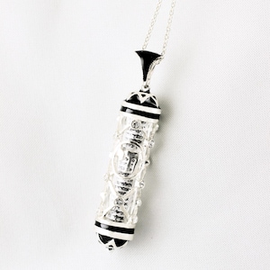 Jewish Jewelry Mezuzah with Chai, Sterling Silver Mezuzah Black Pendant, Hebrew Scroll Shemah Judaica Necklace Bar Mitzvah Jewish Gift