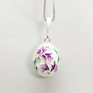 Cornflower Pendant,  Purple White Enamel, Sterling Silver Floral Egg Necklace, Unique Easter Gift for Her