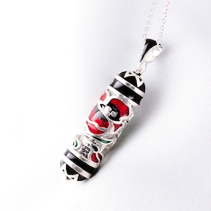 Mezuzah Necklace Kalaniot Red Anemone Flowers on Black Sterling Silver Jewish Pendant, Hebrew Prayer, Stars of David, Bat Mitzvah Gift