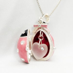 Pink Ladybug Locket, Crystal Heart Surprise, Sterling Silver Egg Pendant Ladybird Necklace, Lucky Charm for Her