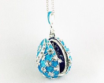 Locket Necklace with Guardian Angel Surprise, Sterling Silver Turquoise Enamel Egg Pendant with Crystals Gift For Mom