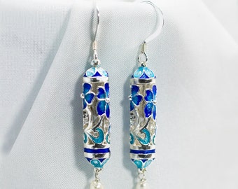 Floral Earrings Blue Forget-Me-Not, Freshwater Pearls, Sterling Silver Flower Long Earrings on Hook