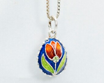 Minimalist Floral Egg Shaped Pendant Brick-Red Tulip on Blue, Sterling Silver Necklace Collectible Jewelry for Her