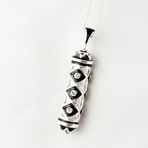Black Mezuzah Necklace, Jewish Pendant with Hebrew Prayer Rhombuses with Crystals, Sterling Silver Judaica Gift for Him Her