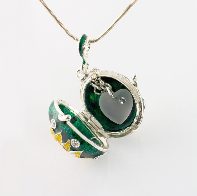 Sunflower Locket Jewelry Necklace w Heart Sunflower Sterling Silver Egg Pendant Green Gold Enamel Jewelry Mother Birthday Gift for Her