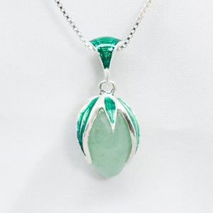 Jade Stone Egg Necklace, Enameled Sterling Silver Green Pendant with Genuine Stone, Unique Handmade Jewelry Gift for Her
