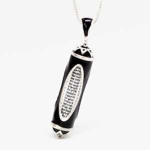 Mezuzah Black Pendant with Hebrew Scroll, Sterling Silver Jewish Jewelry Charm, Judaica Pendant Oval Windows Religious Necklace for Him Her