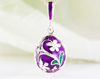 Jasmine Flower Necklace, Floral Jewelry White Jasmine on Purple Pendant, 925 Sterling Silver Necklace, Enamel Jewelry Miniature Egg Charm