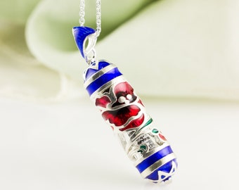 Mezuzah Necklace Kalaniot, Red Anemone Flower Jewish Sterling Silver Pendant with Blue Stars of David, Judaica Gift