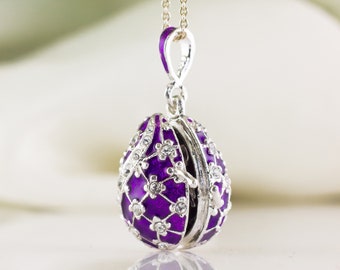 Purple Locket with Guardian Angel Charm, Gift for Mom, Artisan Enamel Egg Sterling Silver Pendant with Crystals