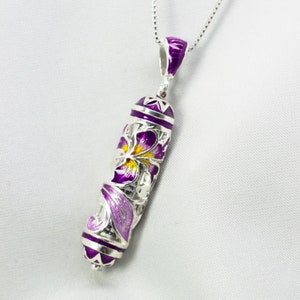 Mezuzah Necklace Shema Hebrew Pendant Purple Iris, Bat Mitzvah Jewish Necklace, Stars of David Sterling Silver Judaica Jewelry