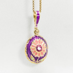 Pink Daisy Pendant, Purple Enamel Faberge Egg Pendant, Floral Necklace, Sterling Silver 24K Gold Vermeil Boho Jewelry Gift for Her