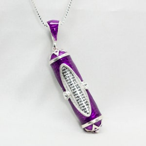 Shema Prayer Purple Mezuzah Pendant, Jewish Jewelry, Religious Necklace, Sterling Silver Bat Mitzvah Gift Oval Windows with Crystals