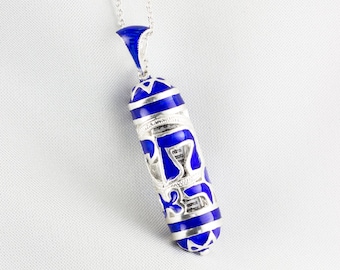 Am Israel Chai Jewish Jewelry Mezuzah Necklace Blue Mezuzah Pendant Shemah Hebrew Scroll Sterling Silver Judaica Bar Bat Mitzvah Gift