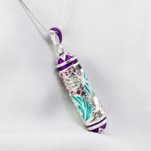 Dandelion Flower Mezuzah Necklace, Jewish Jewelry Hebrew Pendant with Scroll Sterling Silver Enamel and Crystals Judaica Bat Mitzvah Pendant