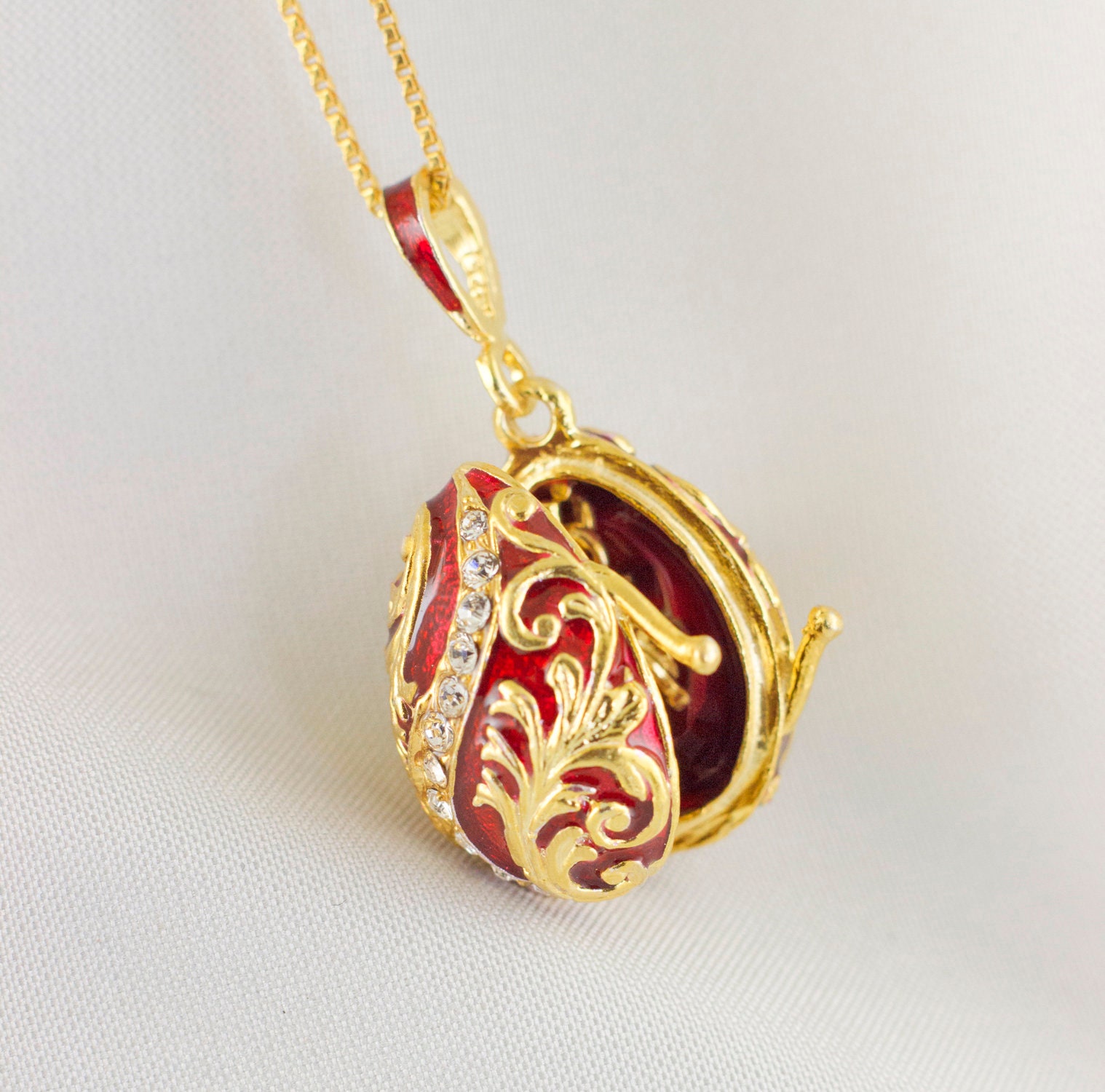 Rhinestones Enamel Jewelry Trinket Box Rich Red Faberge Egg with Gold Finish