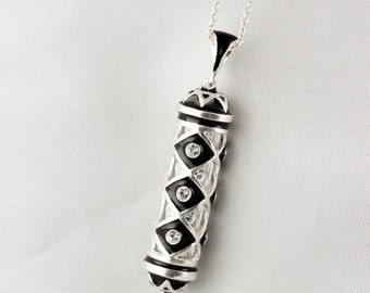 Black Mezuzah Necklace, Jewish Pendant with Hebrew Prayer Rhombuses with Crystals, Sterling Silver Judaica Gift for Him Her