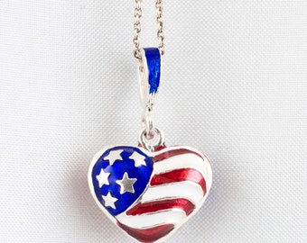 American Flag Necklace, Patriotic Jewelry Puffy Heart with Stripes Sterling Silver Miniature Pendant, Red or Blue Bail