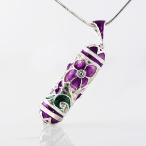 Jewish Jewelry Mezuzah Pendant, Shemah Necklace, Jewish Pendant Purple Flowers with Hebrew Prayer, Sterling Silver Judaica Bat Mitzvah Gift