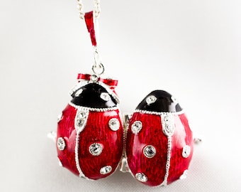 Ladybug Locket, Heart Surprise Pendant, Egg Locket Red Black Ladybird, Sterling Silver Necklace