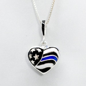 Thin Blue Line Heart Pendant, Support Police Jewelry, Law Enforcement Officer Gift, Black The Blue Pendant for Him Her Sterling Silver Heart