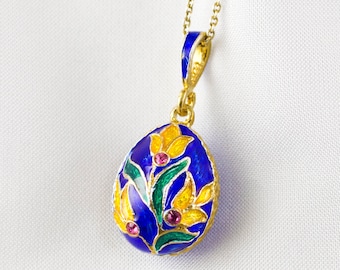 Gold Tulip Flowers on Blue Pendant 24 K Gold Vermeil Sterling Silver Floral Necklace Enamel Egg Pendant for Mom Jewelry For Her