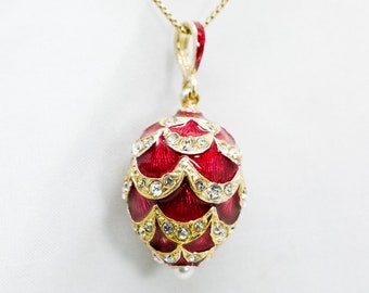 Burgundy Egg Pendant with Crystals, Enamel Jewelry 24 K Gold Vermeil Sterling Silver Jewelry Necklace,  Gift for Her