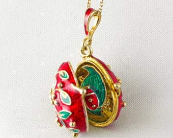 Red Locket Necklace Ladybug Jewelry Pendant, Green Leaves with Ladybug Surprise, Sterling Silver 24 K Gold Vermeil Enamel Jewelry Egg