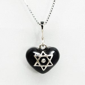 Star of David and Chai on Heart Black Pendant, Jewish Star Sterling Silver Magen David Necklace, Jewish Jewelry Gift