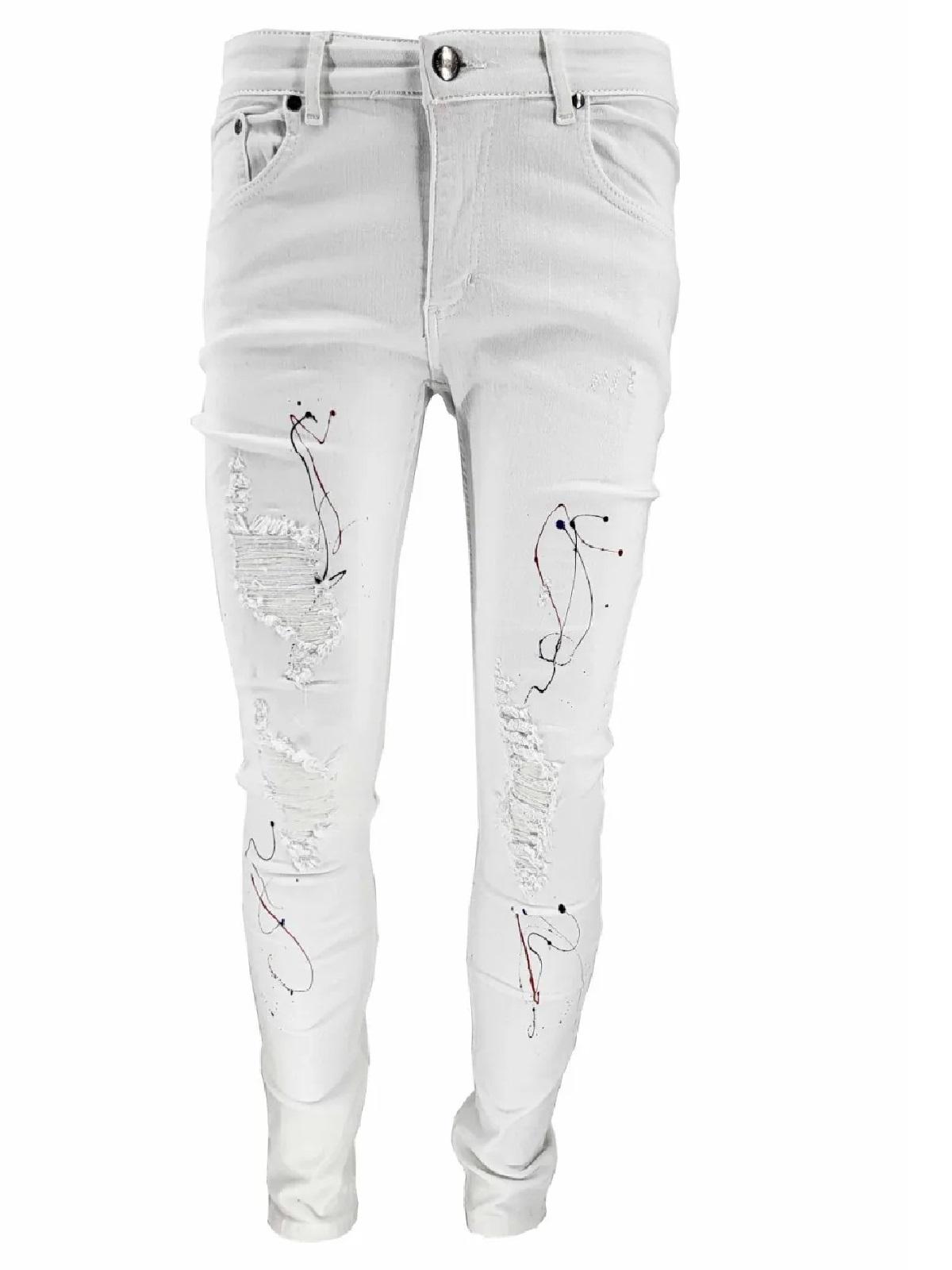 Mens Jeans Patchwork Paint Splatter Distressed Ripped Denim
