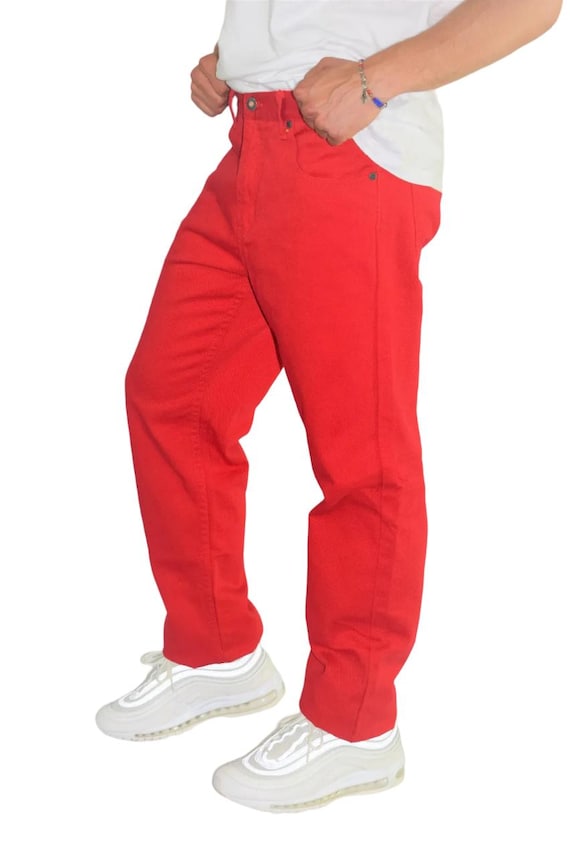 Mens Red Denim Jeans Men Comfort Fit Jean Casual Wear Size