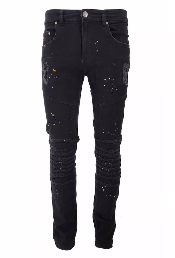 New Men's Paint Splatter Jeans Patchwork Biker Stretch Denim
