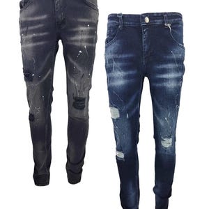 Herren Denim Jeans Slim Fit Stretch zerrissene Farbe Splatter Distressed Jean Casual Wear